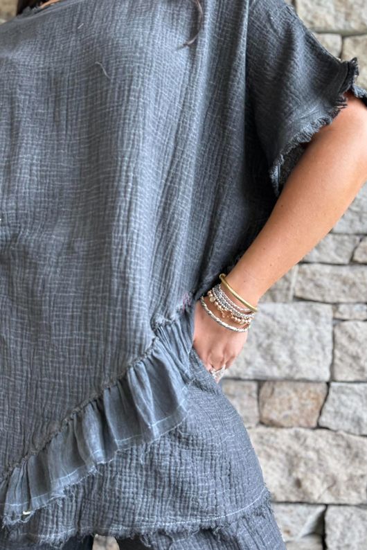Rustic Nature Bubble Cotton Raw Frill Top Washed Charcoal